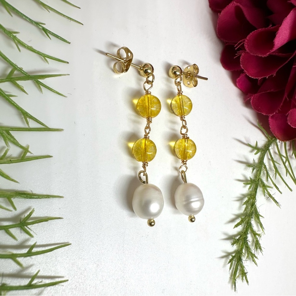 NEW⚜️Citrine & Freshwater Pearl Dangly Earrings - Picture 2 of 5
